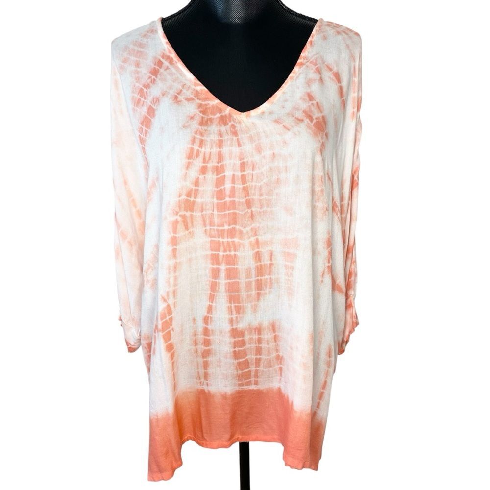 Soft Surroundings Top Tunic Tie Dye 3/4 Sleeves V Neck Orange White Size XL